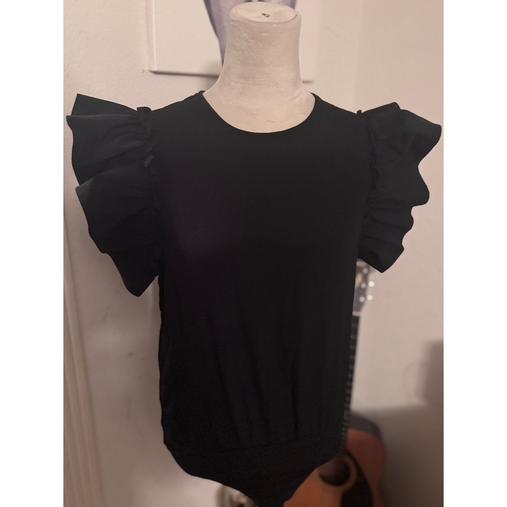 Express Black Ruffle Flutter Sleeve Bodice Bodysuit Crew Neck Keyhole Back L